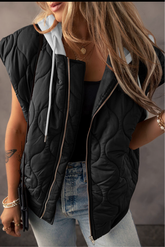 Quilted Drawstring Hoodie Vest